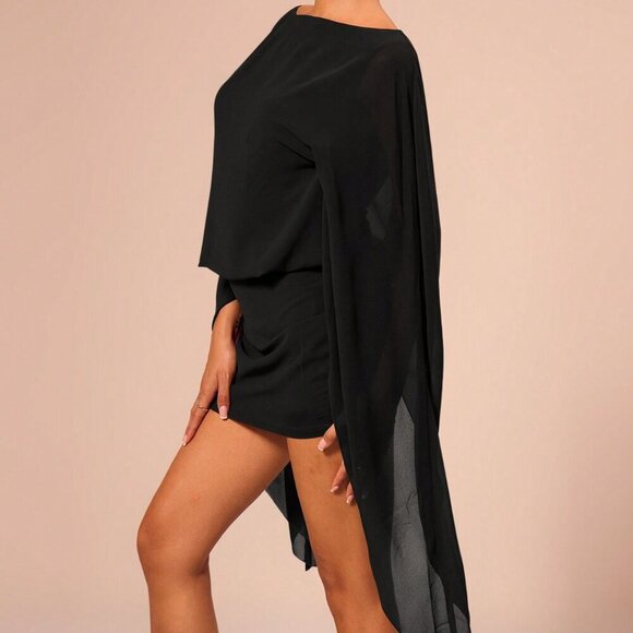 Black Party Women's Boat Neck Draped Sleeve Slouch Mini Dress - Picture 3 of 6